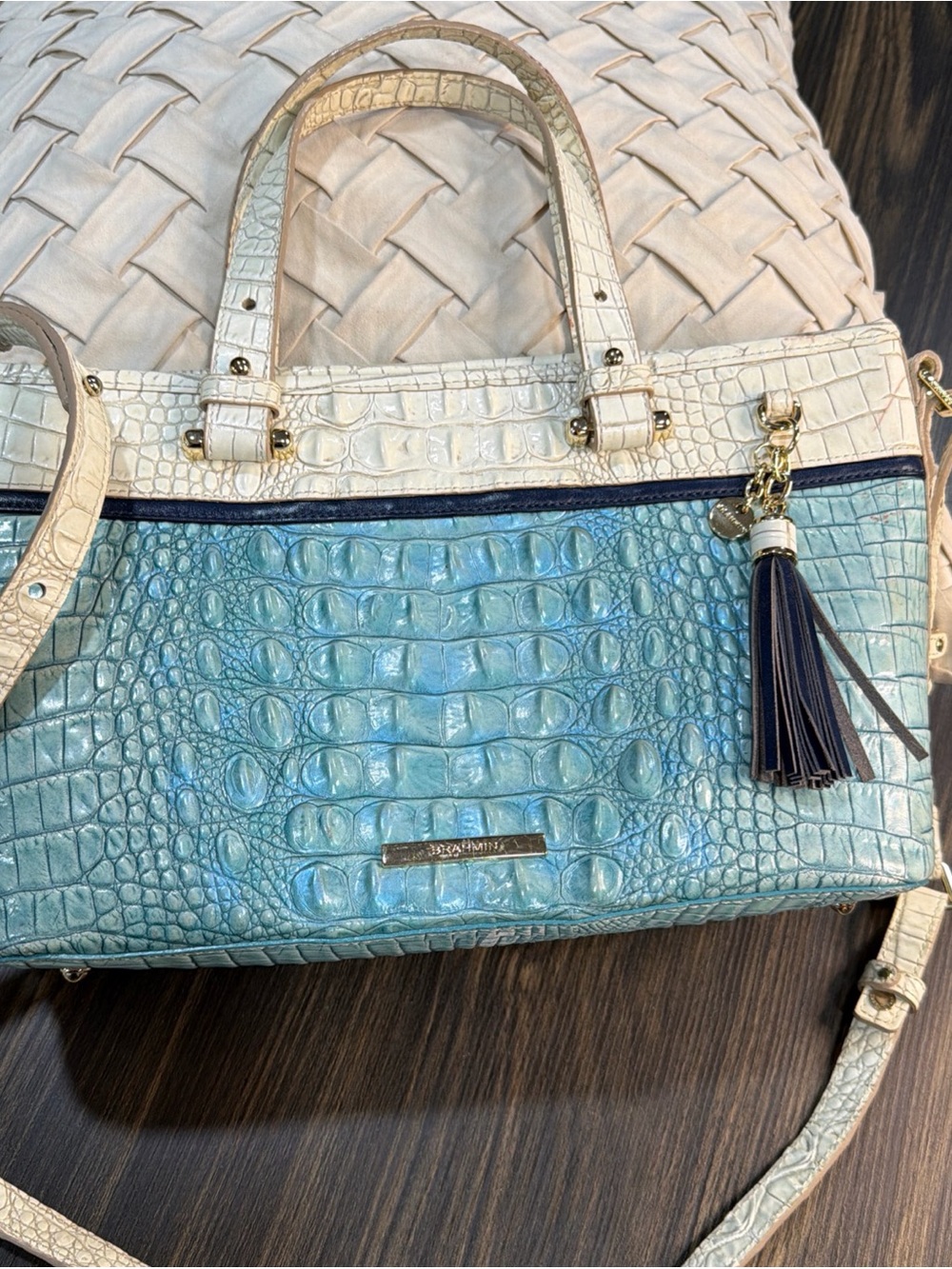 Brahmin Mini Asher Tote Handbag Astral Rahma Croc Embossed Leather, Blue/Ivory
